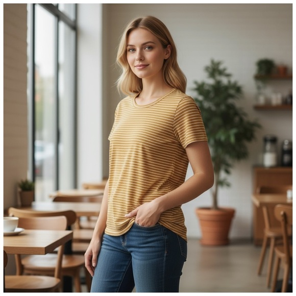 American Eagle Striped Crewneck T-Shirt. Dark Yellow/Gold, White. Size XS​​​ - Picture 7 of 7